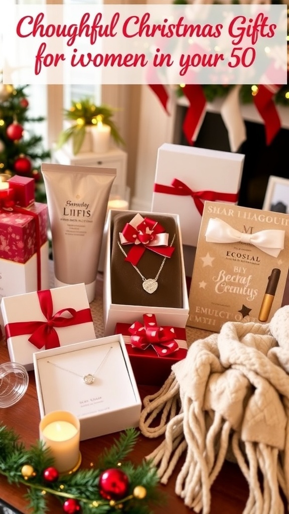 A collection of Christmas gifts including spa products, jewelry, and a blanket on a festive table.
